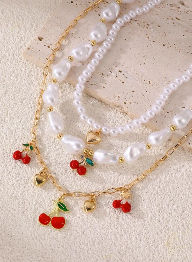 Take Two  Pack of 3 - Pearl Beaded Necklace with Cherry Charms for Women | Best Price UAE